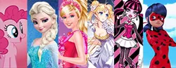 Size: 310x120 | Tagged: safe, derpibooru import, pinkie pie, pony, vampire, barbie, draculaura, elsa, frozen (movie), marinette dupain-cheng, miraculous ladybug, monster high, picture for breezies, solo