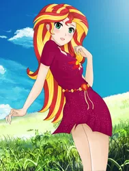 Size: 1134x1500 | Tagged: safe, artist:anonix123, derpibooru import, sunset shimmer, human, equestria girls, equestria girls series, spring breakdown, spoiler:eqg series (season 2), clothes, dress, female, geode of empathy, grass, humanized, magical geodes, open mouth, purple dress, solo