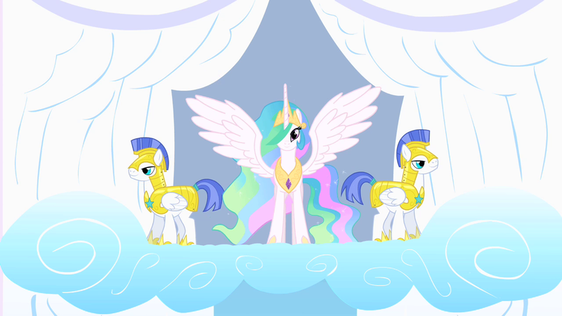 Size: 1280x720 | Tagged: safe, derpibooru import, screencap, princess celestia, pony, sonic rainboom (episode), royal guard, trio