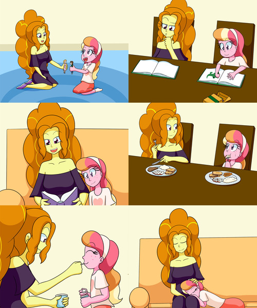 Size: 2000x2400 | Tagged: safe, artist:jake heritagu, derpibooru import, adagio dazzle, oc, oc:honeycrisp blossom, comic:aria's archives, equestria girls, apple slice, book, bread, chair, clothes, coloring book, comic, couch, crayon, cute, dialogue, doll, dress, eating, female, food, fork, freckles, hairband, knife, mashed potatoes, meat, offspring, parent:big macintosh, parent:princess cadance, parents:cadmac, plate, potato, skirt, sleeping, speech bubble, steak, table, toy