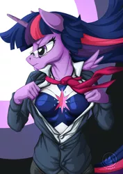 Size: 955x1351 | Tagged: alicorn, anthro, artist:mysticalpha, breasts, captain marvel (marvel), clothes, crossover, derpibooru import, female, glasses, marvel, necktie, older, older twilight, open clothes, open shirt, safe, serious, serious face, shirt, solo, suit, superhero, superhero costume, twilight sparkle, twilight sparkle (alicorn), undershirt