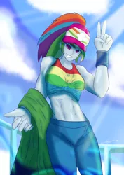 Size: 2480x3508 | Tagged: safe, artist:mantarwolf, derpibooru import, rainbow dash, equestria girls, equestria girls series, spring breakdown, spoiler:eqg series (season 2), abs, breasts, clothes, crepuscular rays, female, front knot midriff, grin, hat, midriff, muscles, smiling, solo