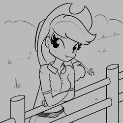 Size: 1200x1200 | Tagged: safe, artist:tjpones, derpibooru import, applejack, equestria girls, applejack's hat, black and white, chewing, cowboy hat, eating, female, fence, grayscale, hat, hay, lineart, monochrome, solo, straw, straw in mouth