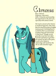 Size: 1280x1733 | Tagged: safe, artist:americananomaly, derpibooru import, oc, oc:christine, pony, unicorn, anthroquestria, arrow, bow (weapon), bow and arrow, female, magic, mare, simple background, solo, weapon, yellow background