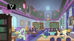 Size: 1920x1080 | Tagged: safe, derpibooru import, screencap, bifröst, clover the clever, dawnlighter, gallus, loganberry, midnight snack (character), night view, silverstream, summer breeze, summer meadow, tune-up, violet twirl, changeling, classical hippogriff, earth pony, gryphon, hippogriff, pegasus, pony, unicorn, a matter of principals, background pony, book, bookshelf, chandelier, couch, female, flying, friendship student, library, male, mare, school of friendship, stallion, table