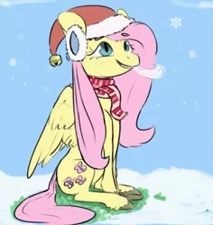Size: 1029x1090 | Tagged: safe, artist:tempusfidgets, deleted from derpibooru, derpibooru import, fluttershy, pegasus, pony, christmas, clothes, earmuffs, female, hat, hearth's warming eve, holiday, santa hat, scarf, snow, solo
