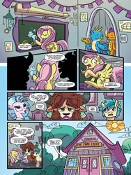 Size: 768x1024 | Tagged: safe, artist:kate sherron, derpibooru import, idw, fluttershy, gallus, sandbar, silverstream, smolder, yona, classical hippogriff, earth pony, hippogriff, pegasus, pony, yak, spoiler:comic, spoiler:comic74, :<, annoyed, bad hair day, chalkboard, d:, derp, eyes closed, female, frown, glare, humming, lidded eyes, looking back, looking up, mare, messy mane, music notes, open mouth, preview, prone, puffy mane, raised eyebrow, raised leg, sad, screaming, smiling, surprised, unamused, underhoof, wide eyes