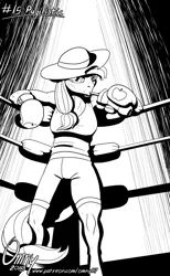 Size: 800x1295 | Tagged: anthro, applejack, artist:omny87, black and white, boxing, boxing gloves, boxing ring, breasts, bruised, clothes, compression shorts, corner, derpibooru import, drinking, female, grayscale, hat, monochrome, resting, safe, series:ink's warming eve, solo, sports, sports bra, unguligrade anthro
