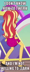 Size: 296x700 | Tagged: safe, derpibooru import, screencap, sunset shimmer, equestria girls, equestria girls series, i'm on a yacht, spoiler:eqg series (season 2), animated, caption, clothes, dancing, dress, exploitable meme, gif, image macro, meme, shimmy, sunset is not willing to learn, text