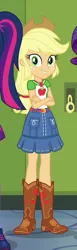 Size: 250x815 | Tagged: safe, derpibooru import, screencap, applejack, rarity, sci-twi, twilight sparkle, equestria girls, equestria girls series, forgotten friendship, applejack's hat, belt, boots, clothes, cowboy boots, cowboy hat, cropped, crossed arms, denim skirt, female, freckles, geode of super strength, hat, legs, lockers, magical geodes, offscreen character, shoes, skirt, smiling, stetson