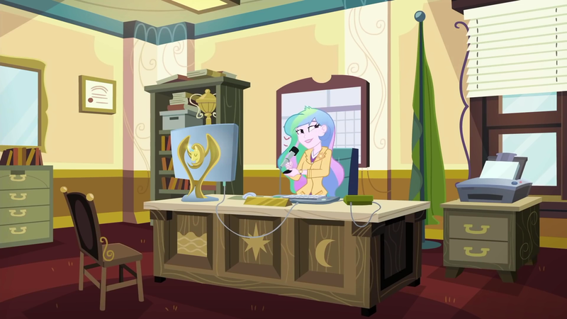 Size: 1920x1080 | Tagged: safe, derpibooru import, screencap, princess celestia, equestria girls, equestria girls series, schedule swap, spoiler:eqg series (season 2), banner, blinds, book, bookshelf, box, canterlot high, celestia's office, chair, clothes, computer, computer mouse, computer screen, cutie mark, desk, diploma, female, flag, flag pole, floor, furniture, happy, holding, indoors, jacket, keyboard, lidded eyes, microphone, moon, office, principal celestia, printer, roof, screen, shelf, shirt, sitting, smiling, solo, speakers, stars, sun, trophy, wall, wall of tags, whiteboard, window, woman