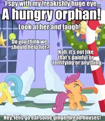 Size: 617x709 | Tagged: safe, derpibooru import, screencap, lemon hearts, scootaloo, hearth's warming eve (episode), 8 foot candy cane, abuse, candy, candy cane, caption, crying, food, hearth's warming eve, image macro, orphan, scootabuse, scootalone, stuck, text, tongue out, tongue stuck to pole