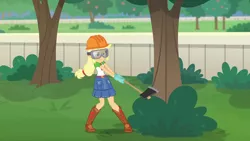 Size: 1920x1080 | Tagged: safe, derpibooru import, screencap, applejack, diy with applejack, equestria girls, equestria girls series, spoiler:eqg series (season 2), axe, clothes, geode of super strength, goggles, hard hat, magical geodes, solo, weapon