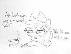 Size: 1694x1294 | Tagged: safe, artist:tjpones, derpibooru import, applejack, earth pony, pony, applejack's hat, black and white, cigar, cowboy hat, dialogue, ear fluff, female, fruit heresy, grayscale, hat, heresy, hoof hold, lineart, mare, monochrome, simple background, smoking, solo, traditional art, white background