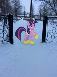 Size: 1620x2160 | Tagged: safe, artist:albertuha, derpibooru import, twilight sparkle, pony, unicorn, female, fence, frown, irl, mare, mcdonald's, photo, ponies in real life, raised hoof, smiling, snow, solo, unicorn twilight, winter