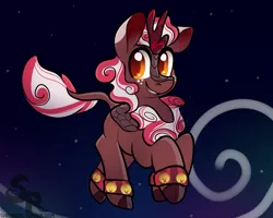 Size: 2694x2160 | Tagged: safe, artist:shibaroll, deleted from derpibooru, derpibooru import, oc, kirin, adoptable, art, bells, bg, christmas, digital art, flying, hearth's warming, holiday, multicolored mane, night, night sky, orange eyes, simple background, sky, solo