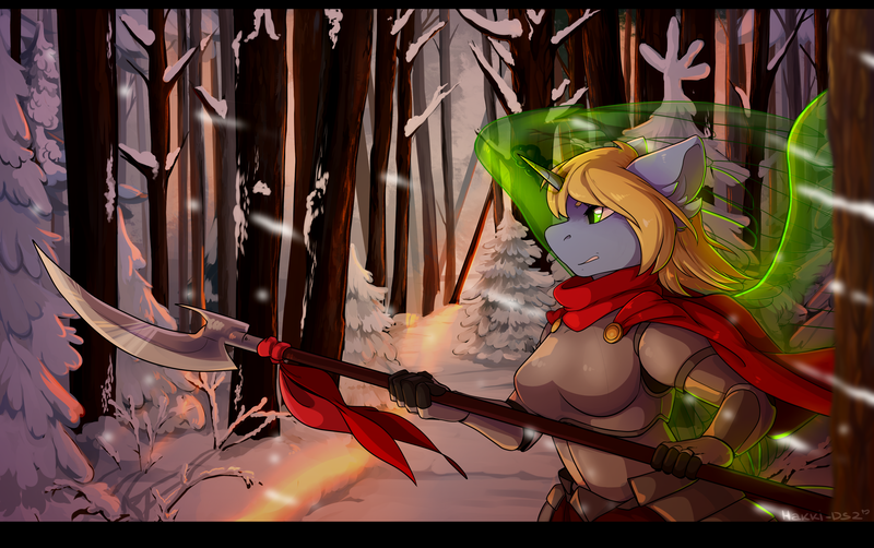 Size: 3900x2445 | Tagged: anthro, anthro oc, artist:hakkids2, clothes, derpibooru import, female, oc, oc:art's desire, polearm, safe, snow, solo, tree, unofficial characters only, weapon