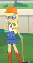 Size: 305x580 | Tagged: safe, derpibooru import, screencap, applejack, diy with applejack, equestria girls, equestria girls series, spoiler:eqg series (season 2), axe, belt, boots, clothes, cowboy boots, denim skirt, female, freckles, geode of super strength, gloves, goggles, hand on hip, hard hat, helmet, legs, magical geodes, shoes, skirt, smiling, weapon