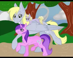 Size: 2000x1600 | Tagged: safe, artist:phenoxfire, derpibooru import, amethyst star, derpy hooves, dinky hooves, pegasus, pony, unicorn, blank flank, equestria's best daughter, equestria's best mother, equestria's other best daughter, family, female, filly, headcanon, mare, mother and child, mother and daughter, ponies riding ponies, riding, siblings, sisters, smiling, walking