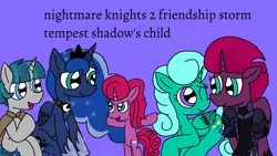 Size: 1920x1080 | Tagged: safe, artist:徐詩珮, derpibooru import, fizzlepop berrytwist, glitter drops, princess luna, stygian, tempest shadow, oc, oc:betty pop, alicorn, pony, unicorn, comic:nightmare knights 2 friendship storm tempest shadow's child, my little pony: the movie, alicornified, auntie luna, child, ethereal mane, family, female, glittercorn, glittershadow, lesbian, magical lesbian spawn, male, mare, mother and child, mother and daughter, next generation, nightmare five, offspring, parent:glitter drops, parent:tempest shadow, parents:glittershadow, purple background, race swap, shipping, simple background, stallion, starry mane