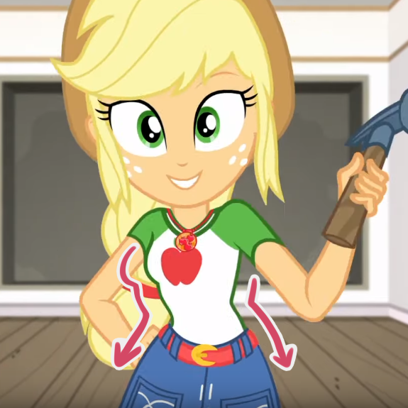 Size: 575x575 | Tagged: safe, derpibooru import, edit, edited screencap, screencap, applejack, diy with applejack, equestria girls, equestria girls series, spoiler:eqg series (season 2), applejack's hat, cowboy hat, freckles, geode of super strength, hammer, hat, looking at you, magical geodes, smiling