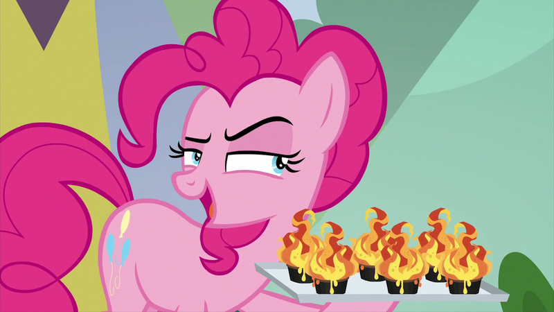 Size: 2880x1619 | Tagged: safe, derpibooru import, screencap, pinkie pie, earth pony, pony, the washouts (episode), cupcake, extreme chocolate airshow cupcake, female, food, grin, mare, narrowed eyes, raised eyebrow, smiling, solo