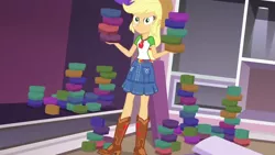 Size: 1280x720 | Tagged: safe, derpibooru import, screencap, applejack, diy with applejack, equestria girls, equestria girls series, spoiler:eqg series (season 2), fabric, geode of super strength, magical geodes