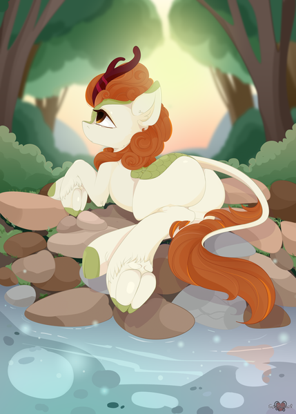 Size: 3000x4200 | Tagged: artist:xsatanielx, autumn blaze, butt, derpibooru import, female, frog (hoof), grass, hoofbutt, kirin, plot, rcf community, rock, safe, solo, sounds of silence, tree, underhoof, water