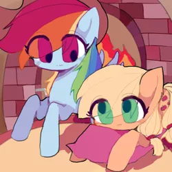 Size: 1000x1000 | Tagged: safe, artist:blackwhite, derpibooru import, applejack, rainbow dash, earth pony, pony, appledash, applejack's hat, clothes, cowboy hat, cute, dashabetes, female, fire, fireplace, hat, jackabetes, lesbian, looking at each other, mare, pillow, shipping, smiling