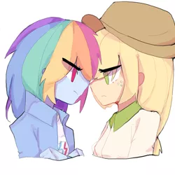 Size: 1000x1000 | Tagged: safe, artist:blackwhite, derpibooru import, applejack, rainbow dash, human, equestria girls, angry, appledash, applejack's hat, boop, clothes, cowboy hat, female, freckles, hat, lesbian, looking at each other, noseboop, shipping, simple background, white background
