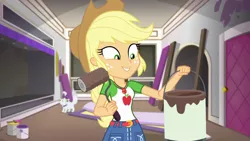 Size: 1280x720 | Tagged: safe, derpibooru import, screencap, applejack, opalescence, diy with applejack, equestria girls, equestria girls series, spoiler:eqg series (season 2), geode of super strength, magical geodes, paint, paint bucket, paint roller