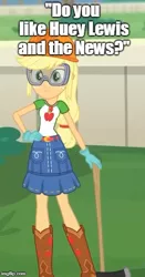 Size: 305x580 | Tagged: safe, derpibooru import, edit, edited screencap, screencap, diy with applejack, equestria girls, equestria girls series, spoiler:eqg series (season 2), american psycho, axe, boots, clothes, cowboy boots, geode of super strength, gloves, goggles, hand on hip, hard hat, hip to be square, huey lewis and the news, magical geodes, meme, shoes, smiling, this will end in murder, weapon