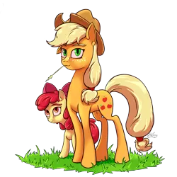 Size: 1900x1900 | Tagged: safe, artist:hc0, derpibooru import, apple bloom, applejack, earth pony, pony, apple sisters, applejack's hat, cowboy hat, female, grass, hat, siblings, simple background, sisters, stetson, straw in mouth, transparent background