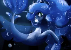 Size: 3510x2490 | Tagged: alicorn, artist:filama, bubble, derpibooru import, high res, night, princess luna, safe, seaponified, seapony (g4), seapony luna, smiling, solo, species swap, underwater, water