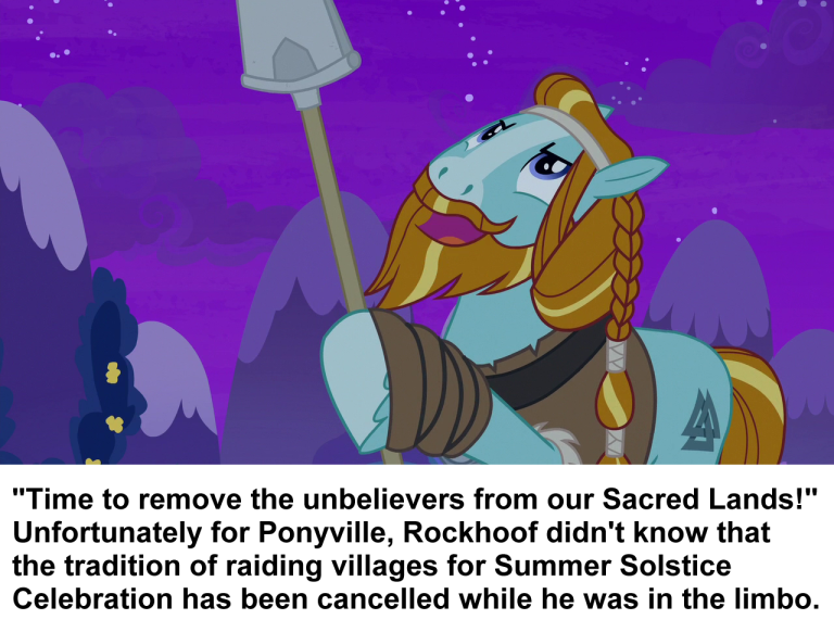 Size: 768x582 | Tagged: safe, derpibooru import, edit, edited screencap, screencap, rockhoof, pony, a rockhoof and a hard place, ponestrip, purge, rockhoof's shovel, shovel, solo, summer solstice