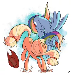 Size: 3095x3200 | Tagged: safe, artist:docwario, artist:jakelionstweets, derpibooru import, applejack, rainbow dash, earth pony, pegasus, pony, appledash, applejack's hat, clothes, cowboy hat, eyes closed, female, flying, freckles, hat, kissing, lesbian, mare, shipping, underhoof