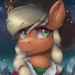 Size: 1800x1800 | Tagged: safe, artist:ardail, derpibooru import, applejack, earth pony, pony, applejack's hat, blushing, clothes, cowboy hat, cute, female, hat, icon, jackabetes, mare, open mouth, smiling, snow, snowfall, solo, tree