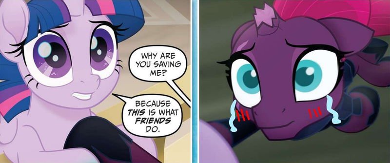 Size: 1642x685 | Tagged: safe, artist:徐詩珮, derpibooru import, edit, edited edit, edited screencap, idw, screencap, tempest shadow, twilight sparkle, twilight sparkle (alicorn), alicorn, pony, unicorn, my little pony: the movie, my little pony: the movie adaptation, spoiler:my little pony movie adaptation, armor, blushing, broken horn, crying, eye scar, female, fixed, hoof shoes, horn, lesbian, mare, scar, shipping, tempestlight