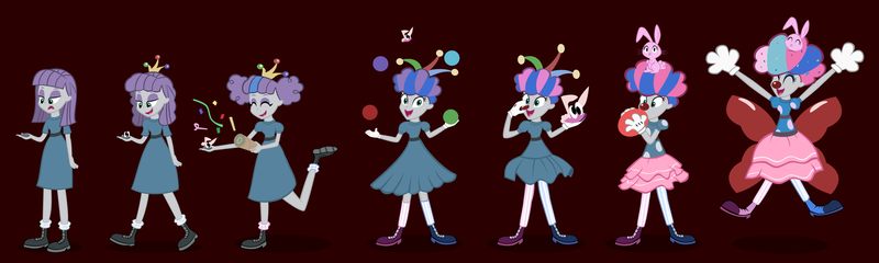 Size: 2944x882 | Tagged: safe, artist:magerblutooth, derpibooru import, boulder (pet), maud pie, rabbit, equestria girls, animal, balloon, balloon wings, blowing up balloons, clothes, clown, clown nose, confetti, crown, gloves, googly eyes, hat, image, jester hat, jewelry, juggling, maudie pie, mental shift, party popper, personality change, png, regalia, show accurate, simple background, smiling, story included, transformation, transformation sequence, transforming clothes, vector, when she smiles