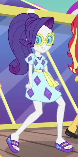 Size: 338x681 | Tagged: safe, derpibooru import, screencap, rarity, sunset shimmer, equestria girls, equestria girls series, spoiler:eqg series (season 2), clothes, cropped, feet, female, geode of shielding, glasses, magical geodes, sandals, solo focus