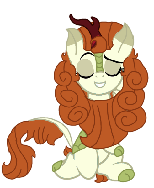 Size: 883x1080 | Tagged: safe, artist:徐詩珮, derpibooru import, autumn blaze, kirin, sounds of silence, eyes closed, female, image, kneeling, png, pose, simple background, smiling, smug, solo, transparent background