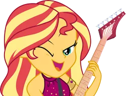 Size: 3946x3000 | Tagged: safe, artist:cloudyglow, derpibooru import, sunset shimmer, equestria girls, equestria girls series, spring breakdown, spoiler:eqg series (season 2), all good (song), clothes, electric guitar, female, guitar, musical instrument, one eye closed, simple background, sleeveless, smiling, solo, transparent background, vector, wink