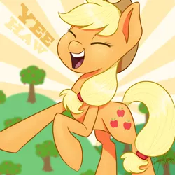 Size: 1350x1350 | Tagged: safe, artist:imaplatypus, derpibooru import, applejack, earth pony, pony, applejack's hat, cowboy hat, eyes closed, female, freckles, hat, mare, open mouth, solo, tree, yeehaw