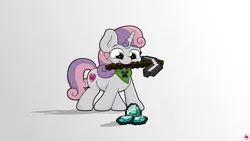 Size: 3840x2160 | Tagged: safe, artist:ljdamz1119, derpibooru import, sweetie belle, pony, unicorn, don't mine at night, cute, diasweetes, female, filly, minecraft, mouth hold, pickaxe, simple background, smiling, solo, white background