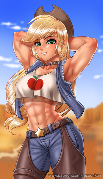 Size: 800x1389 | Tagged: abs, applejack, applejacked, applejack's hat, armpits, artist:racoonsan, belly button, belt, big breasts, breasts, busty applejack, canyon, chaps, clothes, cloud, cowboy hat, derpibooru import, female, fit, freckles, hat, human, humanized, jeans, looking at you, midriff, muscles, muscular female, pants, sky, smiling, solo, solo female, stars, stetson, stupid sexy applejack, suggestive, vest