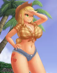 Size: 980x1260 | Tagged: suggestive, artist:safartwoks, derpibooru import, applejack, equestria girls, applejack's hat, beach, belly button, big breasts, breasts, busty applejack, cleavage, clothes, commission, cowboy hat, cutie mark, cutie mark on equestria girl, daisy dukes, female, front knot midriff, grin, hat, midriff, one eye closed, sexy, shorts, smiling, solo, solo female, thick