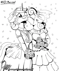Size: 800x965 | Tagged: safe, artist:omny87, derpibooru import, bon bon, lyra heartstrings, sweetie drops, anthro, earth pony, unicorn, series:ink's warming eve, black and white, bouquet, bride, clothes, crying, dress, female, flower, grayscale, image, jpeg, kiss on the cheek, kissing, lesbian, lyrabon, marriage, married couple, monochrome, shipping, tears of joy, wedding, wedding dress