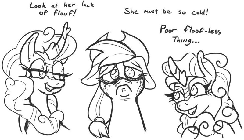 Size: 850x490 | Tagged: safe, artist:jargon scott, derpibooru import, applejack, earth pony, kirin, pony, abuse, applejack's hat, black and white, bully, bullying, cowboy hat, crying, dialogue, female, fluffy, frown, grayscale, hat, jackabuse, mare, monochrome, sad, simple background, teary eyes, trio, white background