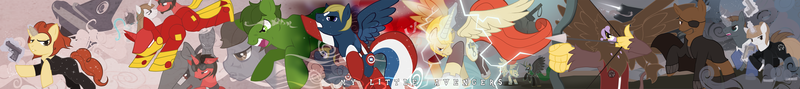 Size: 10000x1112 | Tagged: safe, artist:aoracion666, artist:rathiain, derpibooru import, ponified, alicorn, gryphon, pony, agent phil coulson, avengers, black widow (marvel), captain america, captain equestria, griffonized, hawkeye, iron man, maria hill, marvel, nick fury, species swap, the incredible hulk, thor