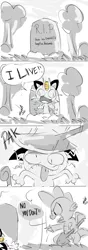 Size: 1000x2828 | Tagged: artist:emositecc, comic, derpibooru import, dragon, gravestone, meowth, pokémon, safe, shovel, spike, tree, undead, winged spike, zombie